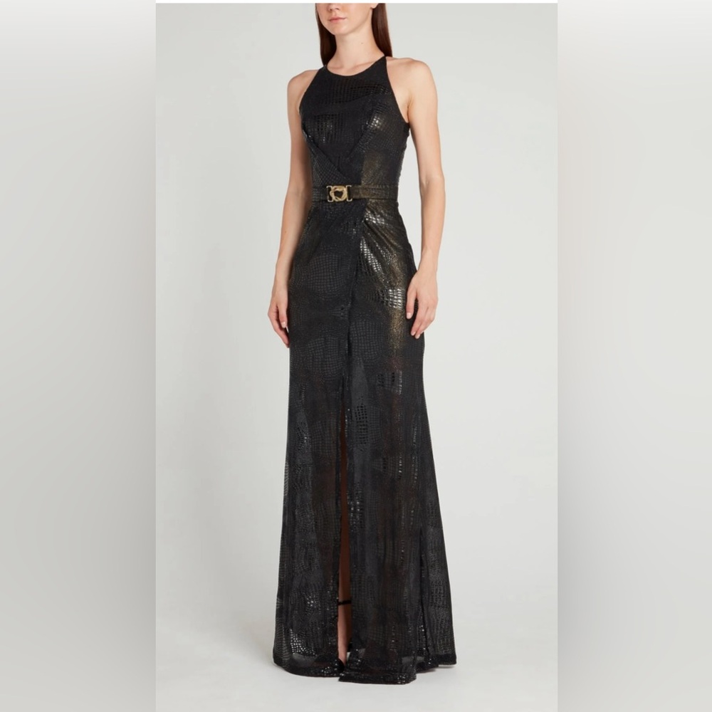 JUST CAVALLI BLACK SNAKE EFFECT WRAP MAXI DRESS SIZE 42 IT